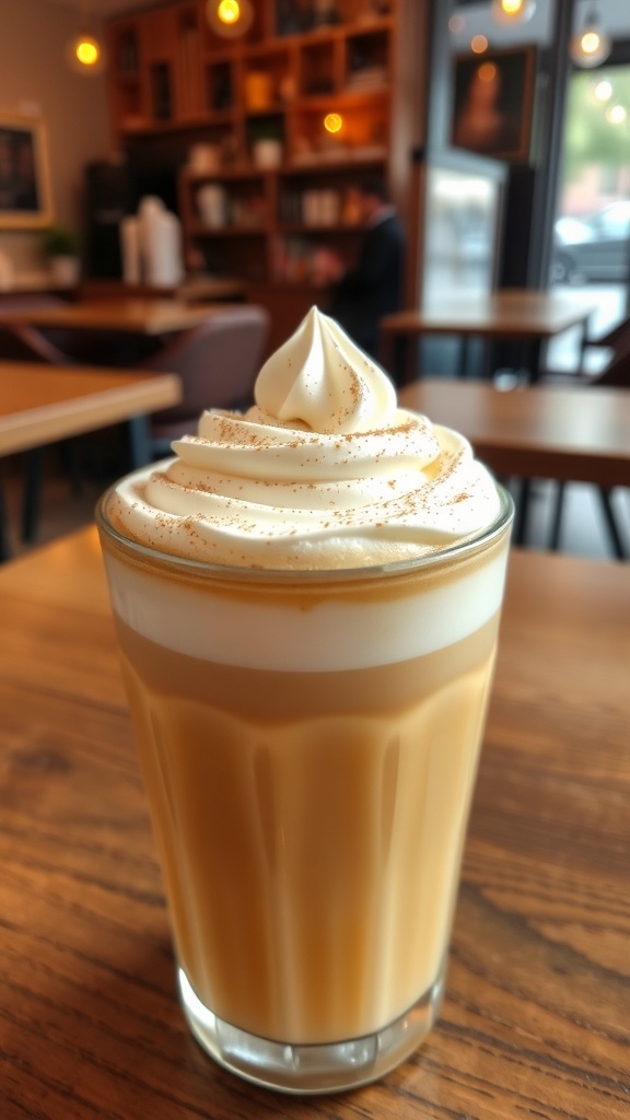 Creamy Corn Latte Recipe A creamy corn latte in a clear glass topped with whipped cream and cinnamon, set in a cozy coffee shop.